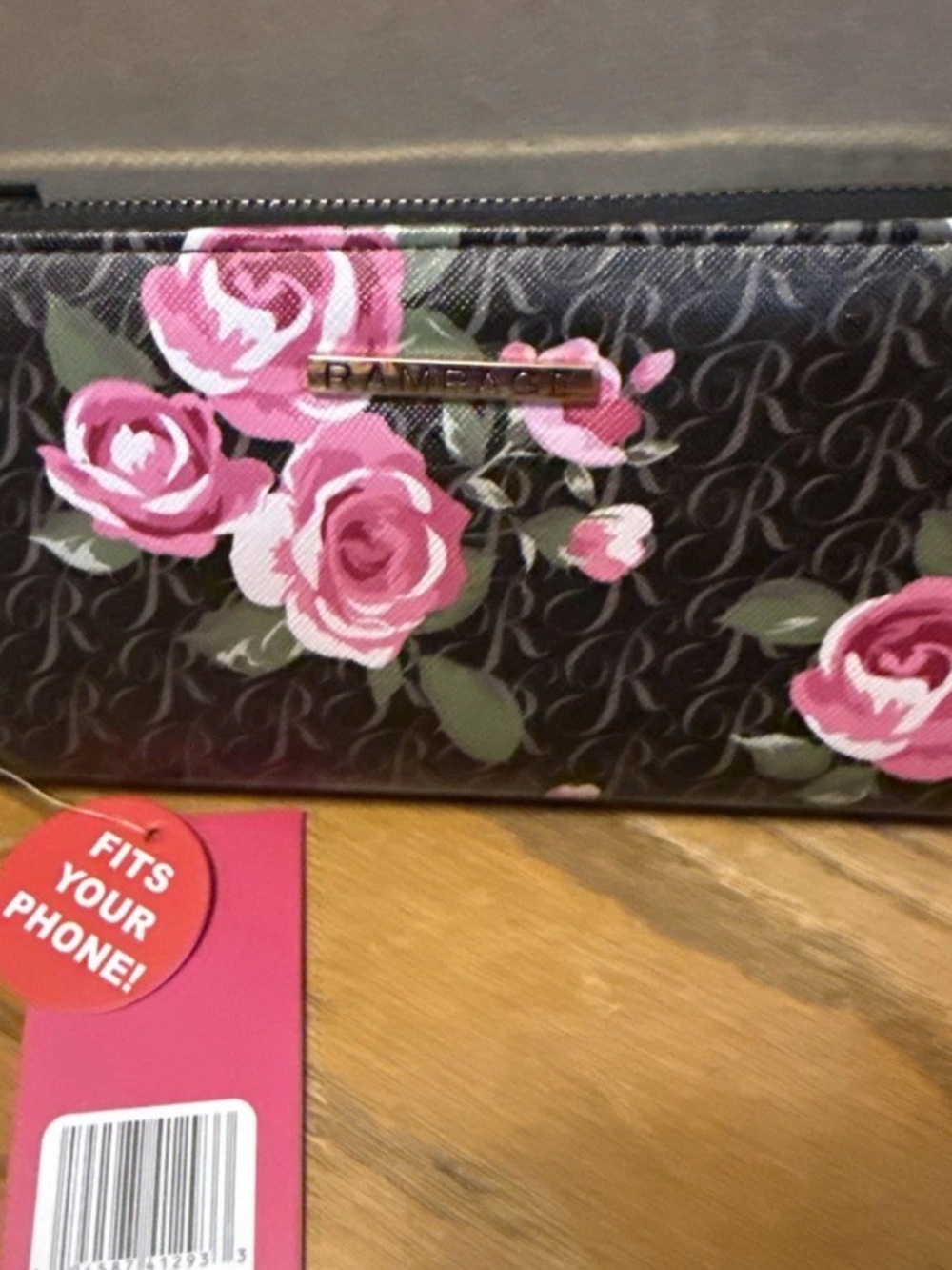 Source Unknown Black Floral Wallet with Pink Rose Print